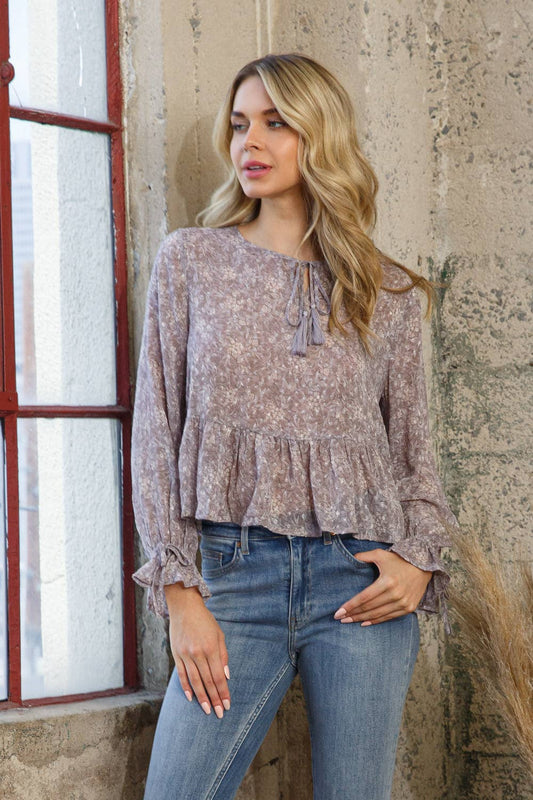 Chiffon Clip Dot Jacquard Peplum Tie Front Blouse